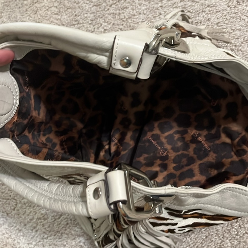 B Makowsky ANDREA Haircalf & Glove Leather Bucket Hobo w/ Fringe ~Stone - Picture 5 of 10
